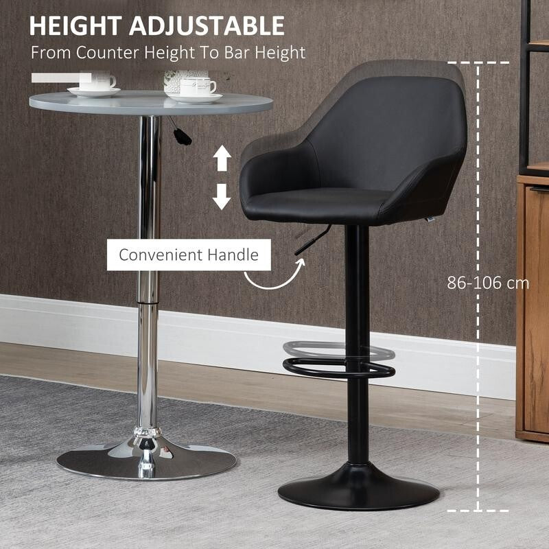 2x Adjustable Swivel Bar Stools Black PU Leather Chairs Kitchen Breakfast