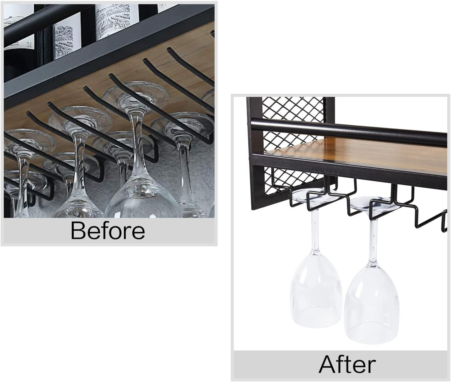 Wall Mounted Wine Rack 2 Tier Metal Wine Shelf with Glass Holder Black