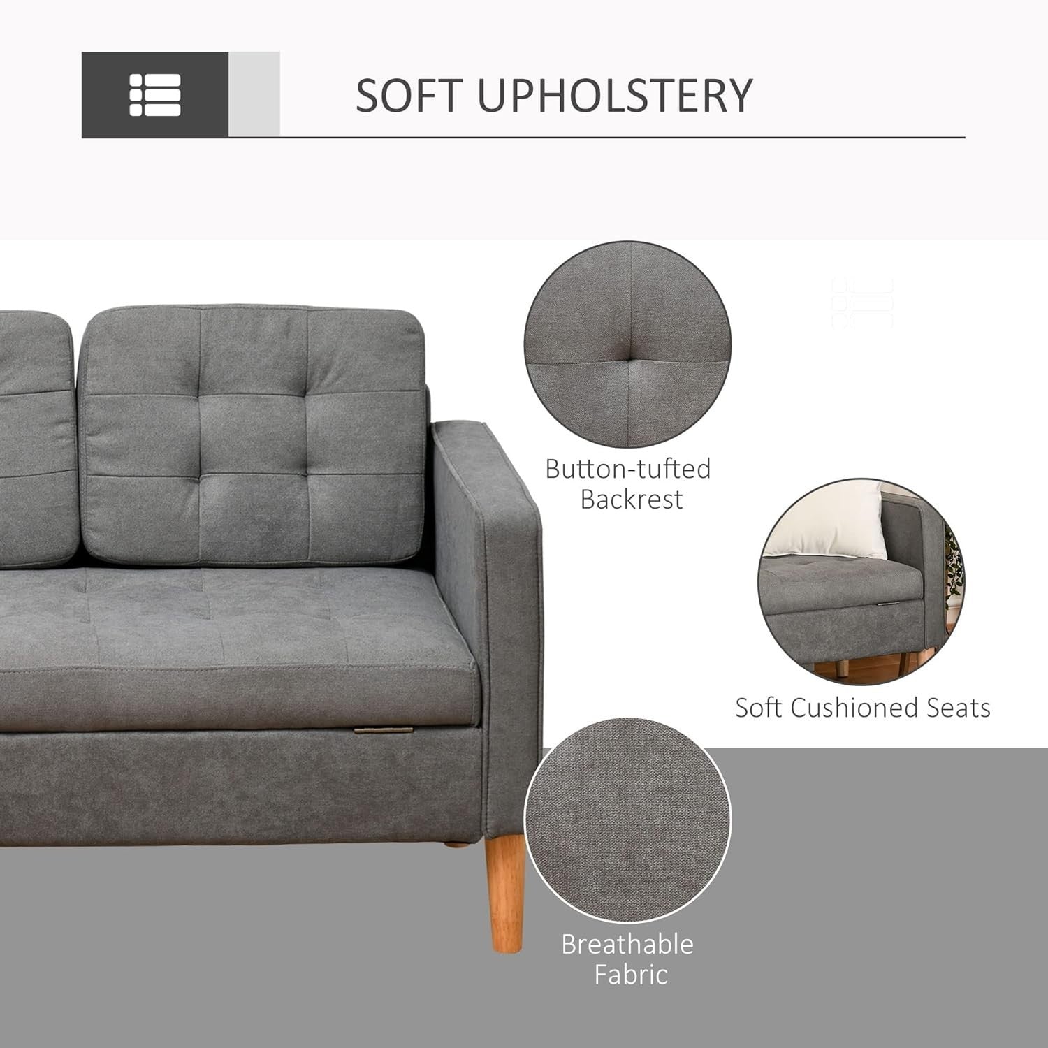 3 Seater Grey Sofa Bed Couch Modern Fabric Tufted with Storage Chest
