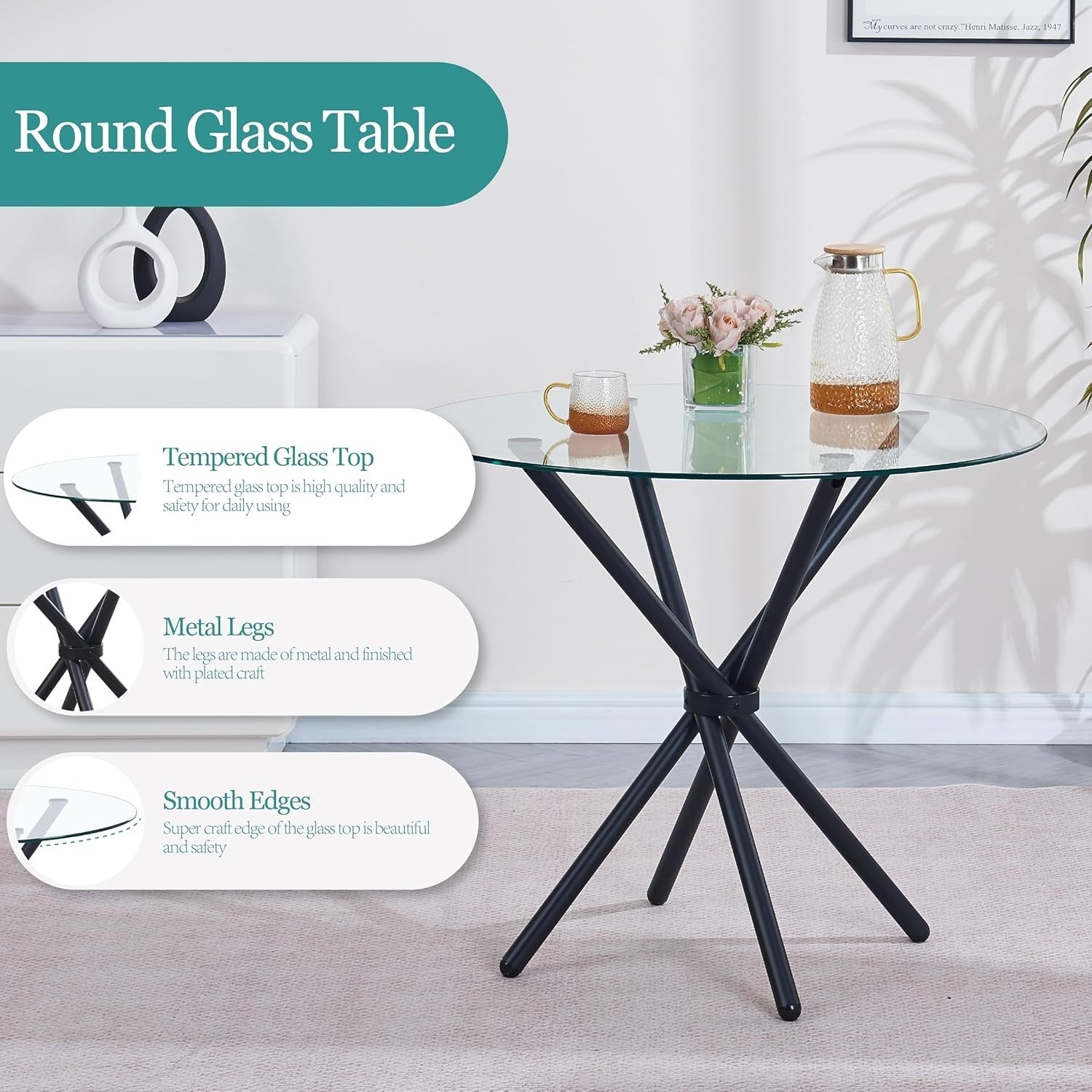 Round 5-Piece Glass Dining Table with 4 Grey PU Leather Chairs