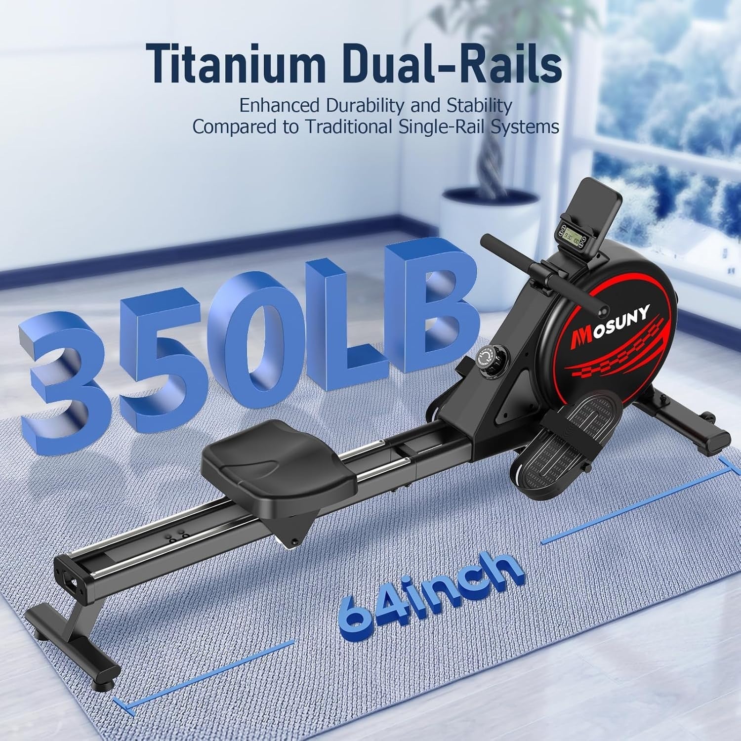 Quiet Magnetic Rower 16-Level Resistance Dual Slide Rails App Tracking 350LB