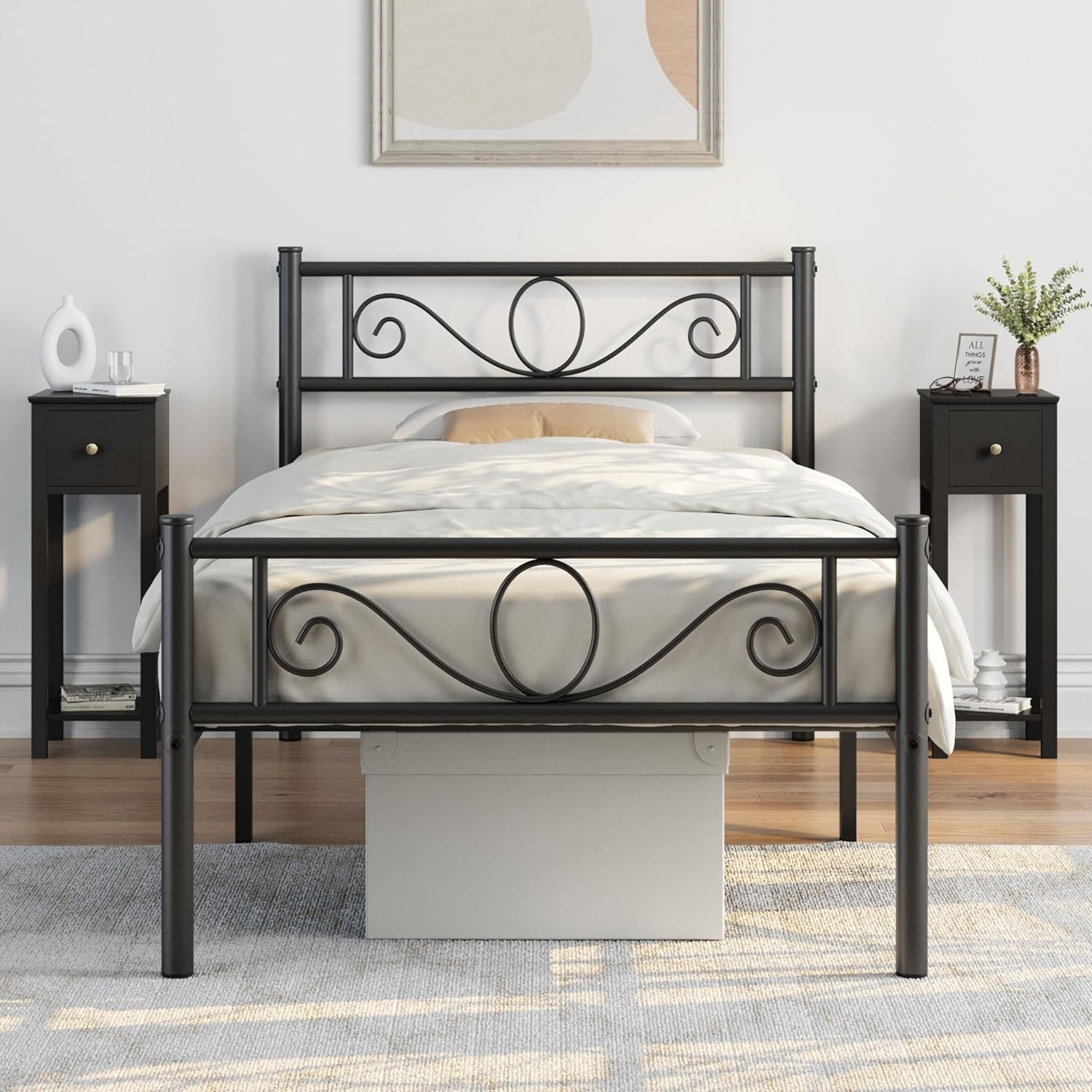 Set of 2 Black Slim Tall Bedside Tables with Drawer & Shelf – Narrow 25x25x70cm