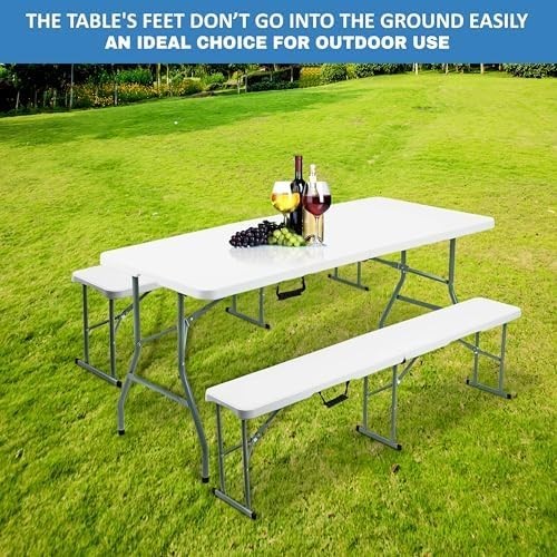 6FT Folding Table & Bench Set, Portable White Indoor/Outdoor Dining