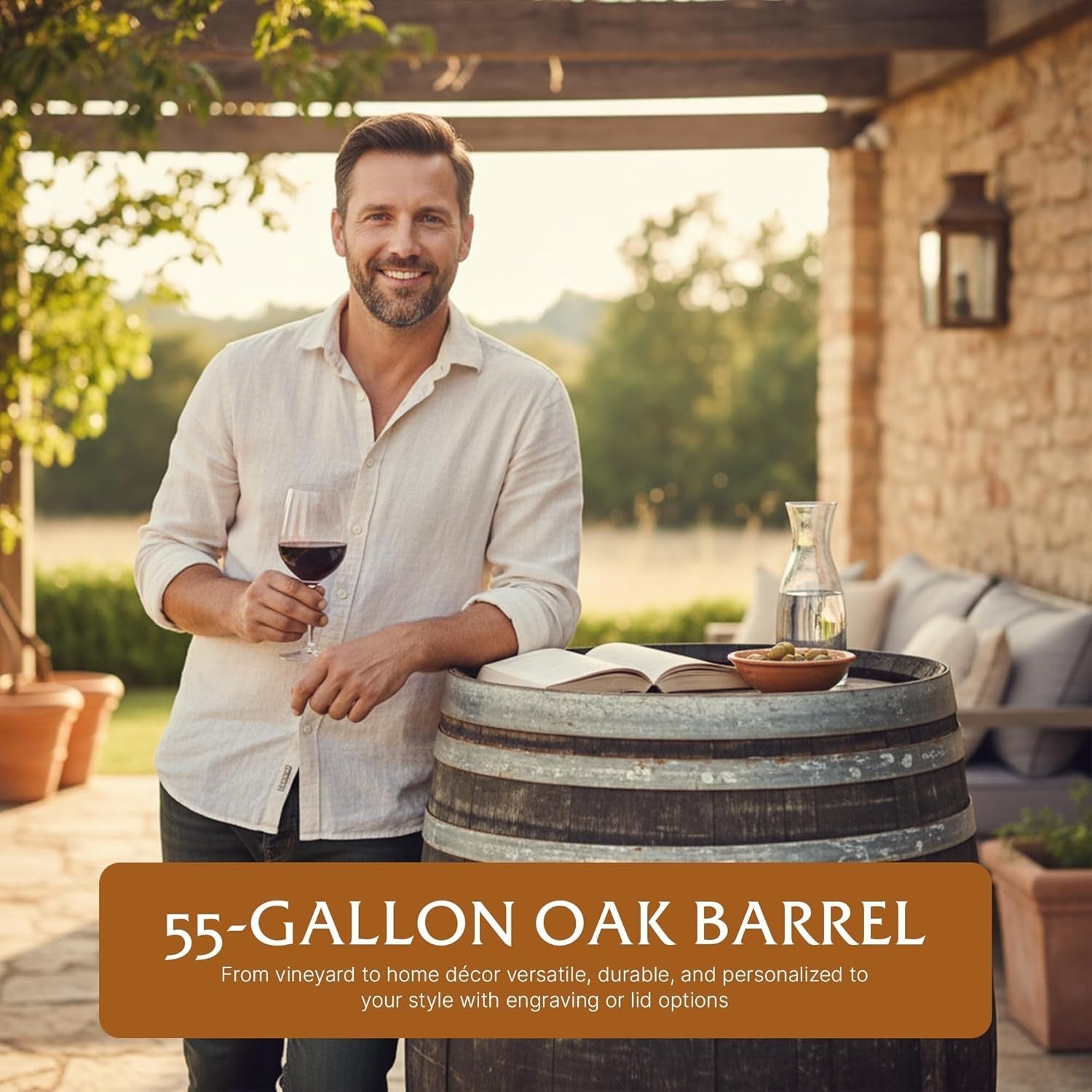 Oak Wine Barrel Rainwater Collector, Rustic Garden Feature, Round, 55 Gal