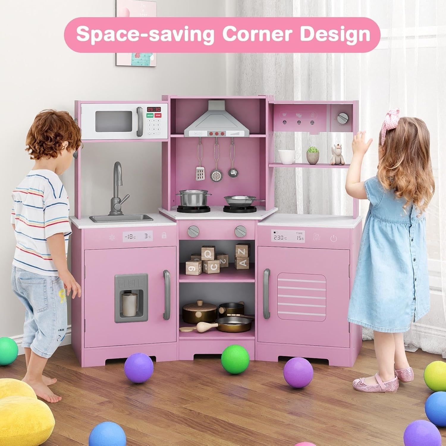 Pink Corner Kids Play Kitchen Lights Sounds Ice Maker Toy
