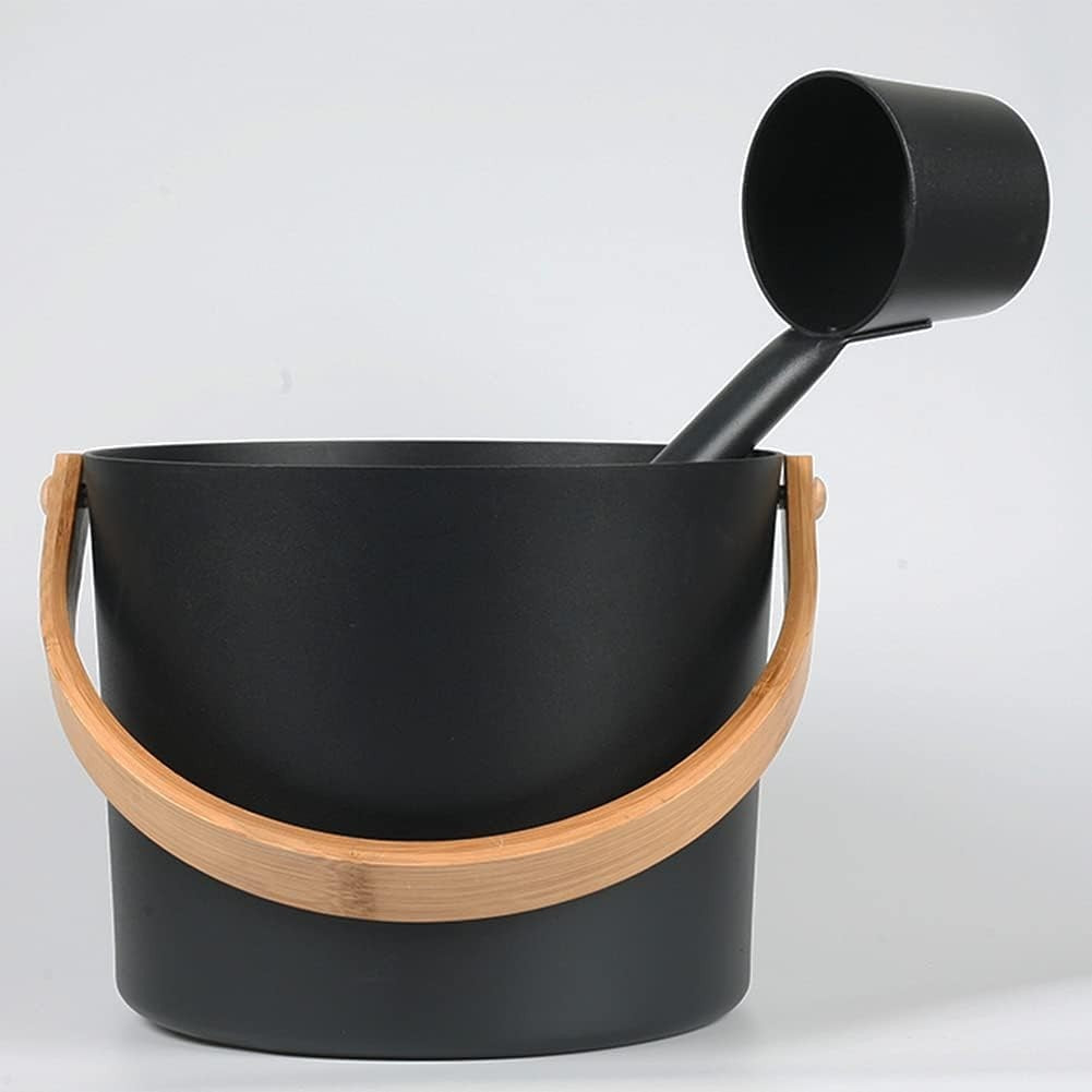 7L Aluminum Sauna Bucket & Ladle Set – Cedar Handles, Portable Black Sauna