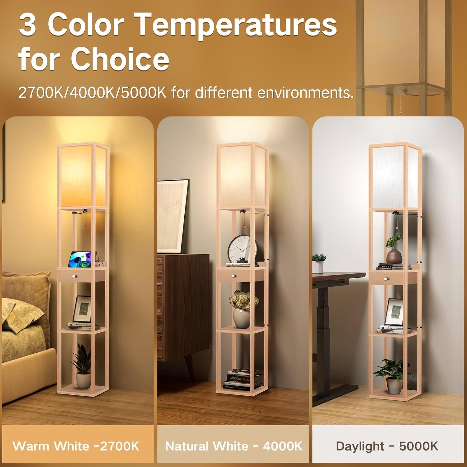 Floor Lamp with Shelves USB Charging Drawer LED Standing Storage Light