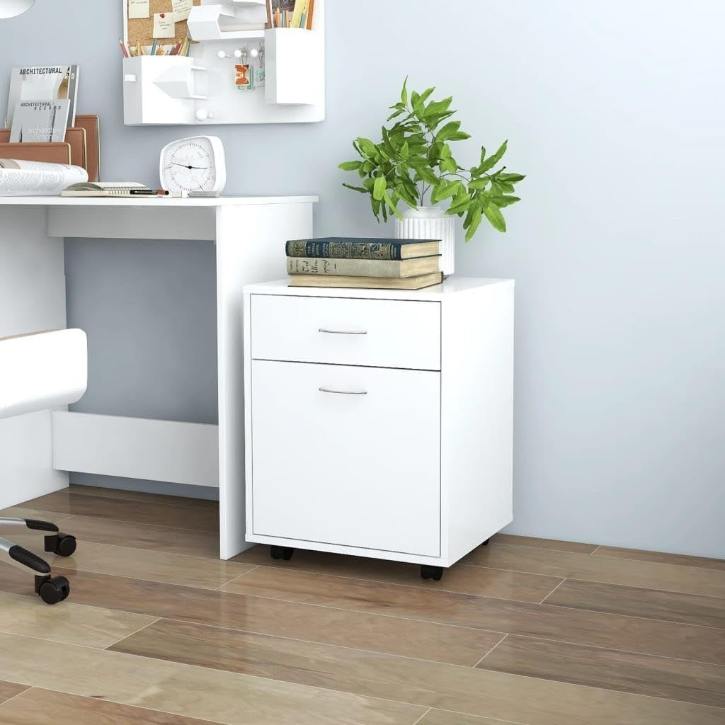 Rolling Storage Cabinet with Drawer and Door Mobile Office White Dent Resistant