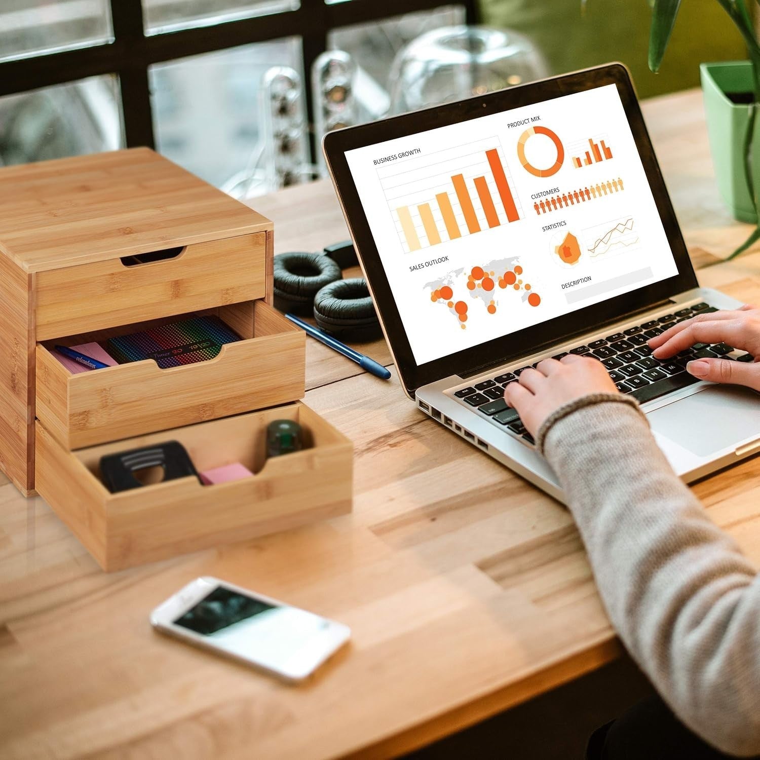 Bamboo Desk Organiser with 3 Drawers & Shelf – Office Storage Box