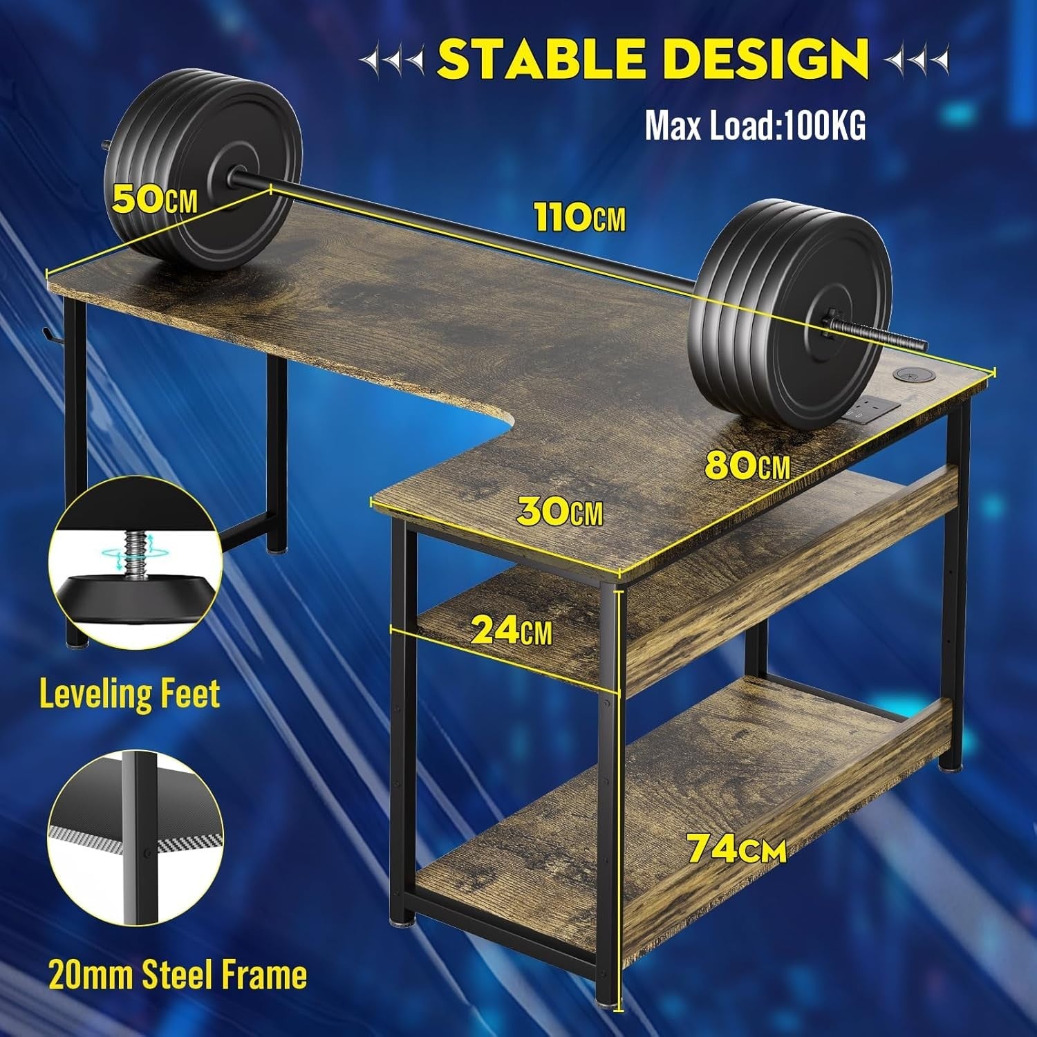 L Shaped Gaming Desk 110x80cm with USB Ports Shelves Hook Corner Office Table