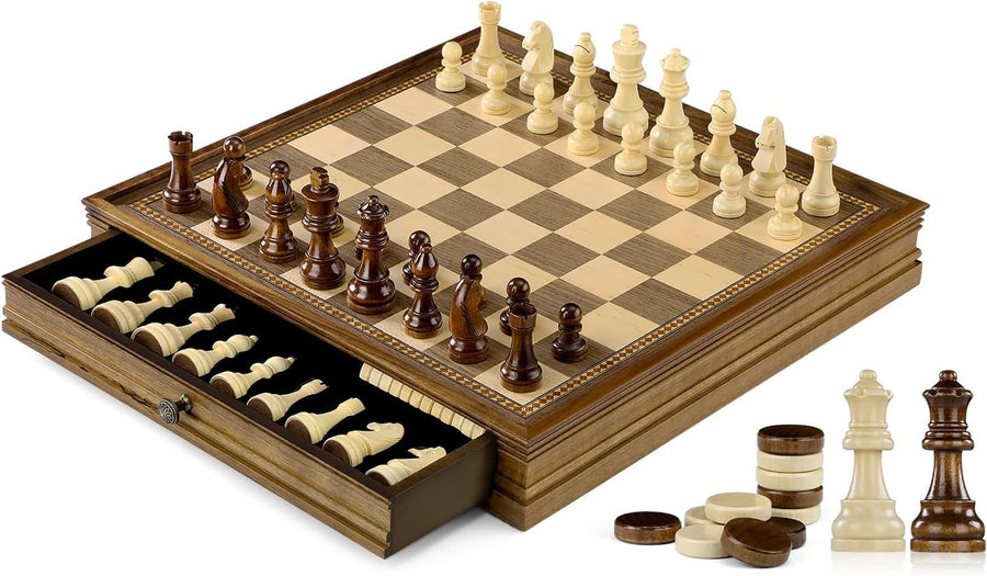 38cm Wooden Magnetic Chess Set with 2 Storage Drawers & Extra Queens