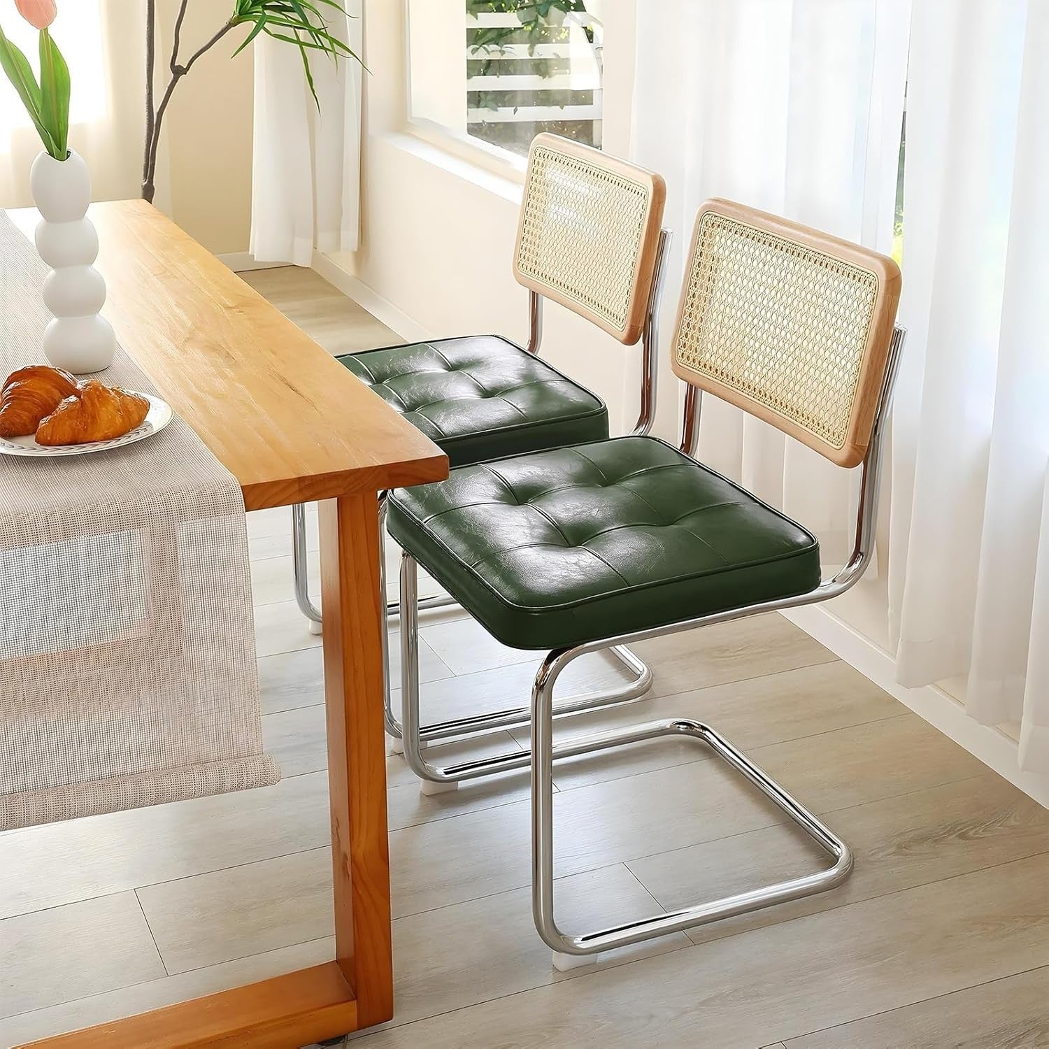 Green Dining Chairs Set of 4 Upholstered Rattan Back Modern Kitchen Chairs