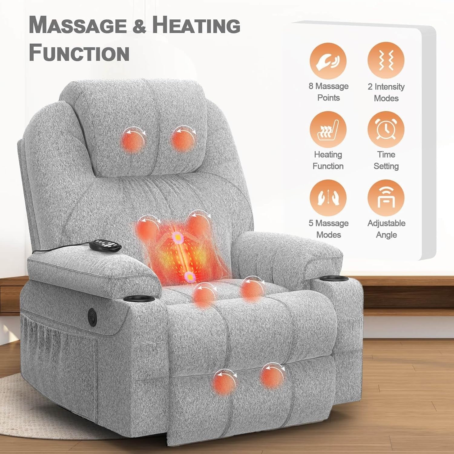 Set of 2 Lift Recliner Chairs Massage USB-C Footrest Faux Leather Light Grey