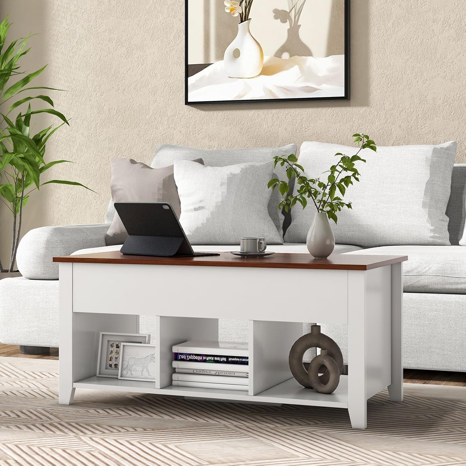 Lift Up Coffee Table with Hidden Storage & 3 Open Cubes, 105x52x49cm