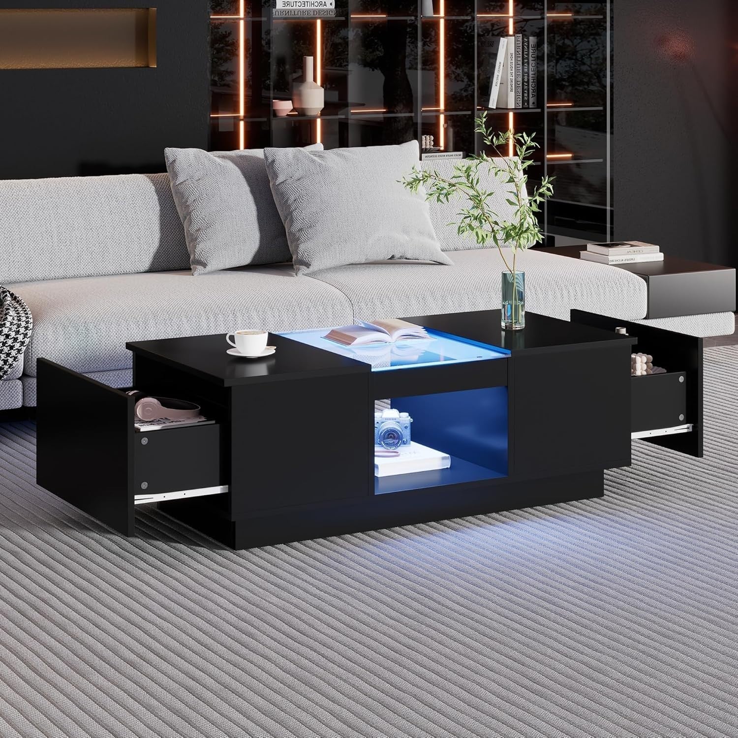 LED Coffee Table with Storage & 2 Drawers – Modern Tempered Glass, RGB Lights
