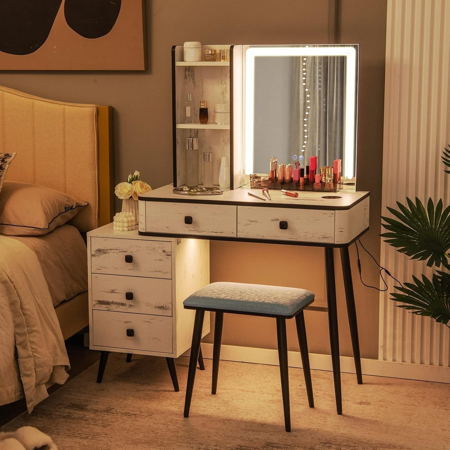 Vanity Makeup Dressing Table Set w/ LED Light Mirror Stool Charging Station