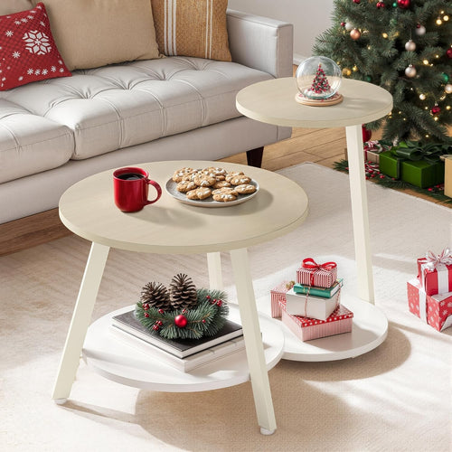 Round Nesting Coffee Table Set 2, Oak White Modern End Side Accent Tables