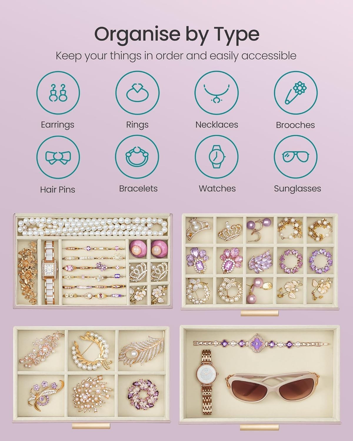Lavender Purple Gold Jewellery Box Glass Lid 4 Layer Organizer with Drawers
