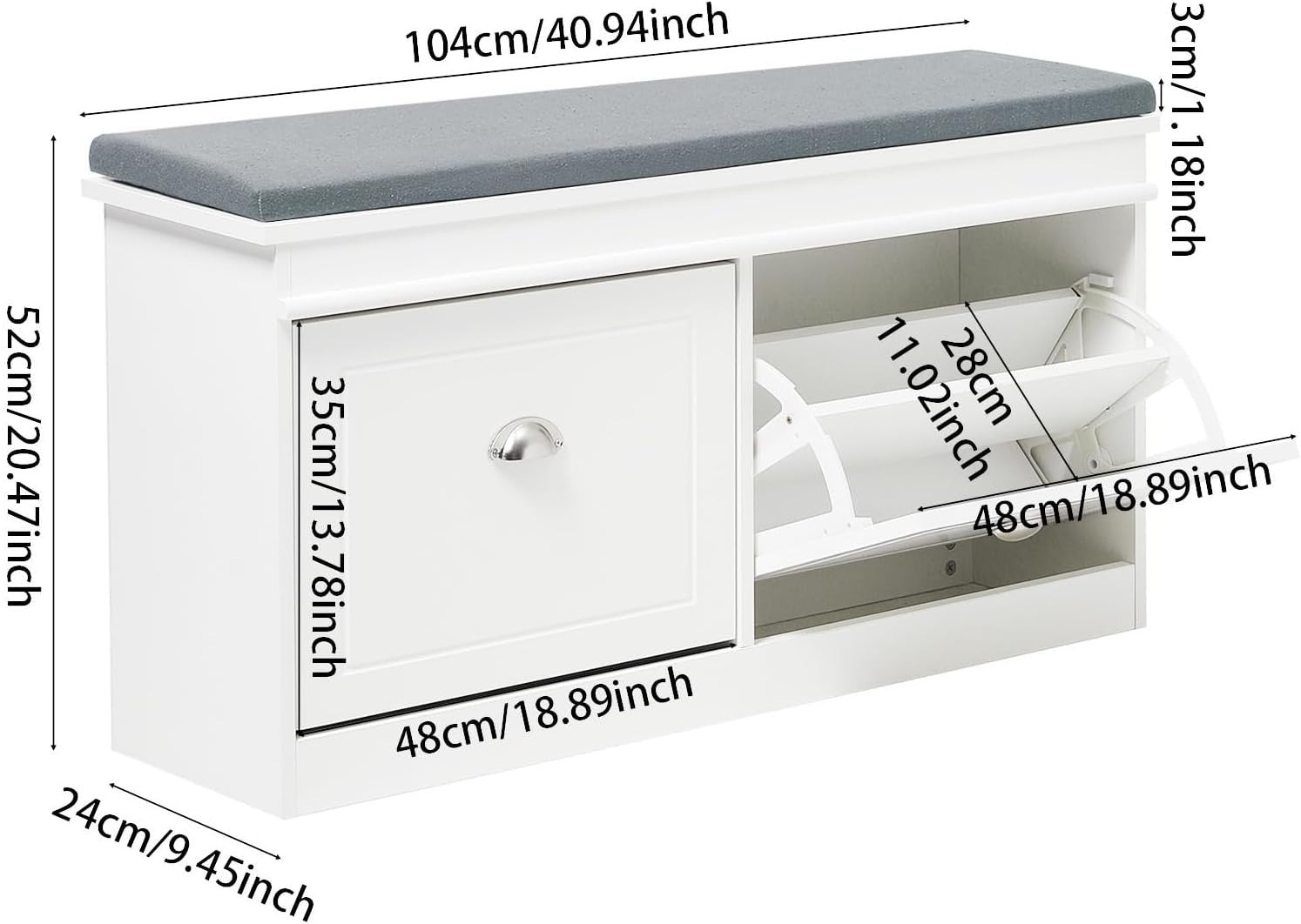 White Shoe Storage Bench with Flip Drawers & Cushion Seat 105x24x52cm