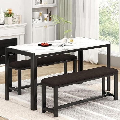 Faux Marble Dining Table Set with 2 Benches – Space Saving, 4 Seater
