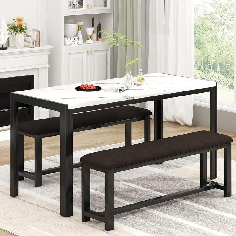 Faux Marble Dining Table Set with 2 Benches – Space Saving, 4 Seater
