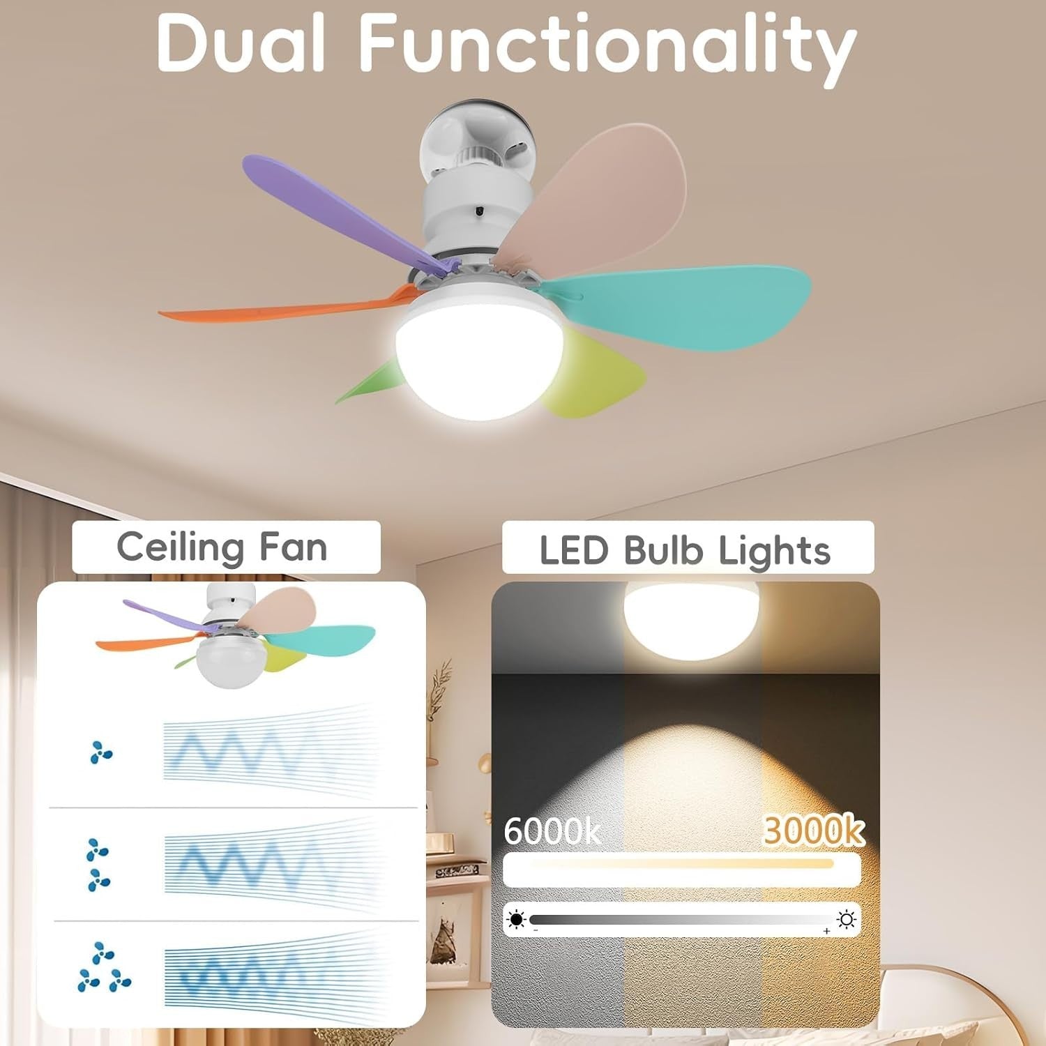 30W Small LED Ceiling Fan Light, 3 Speeds, Dimmable, E27/B22, Quiet Timer Fan