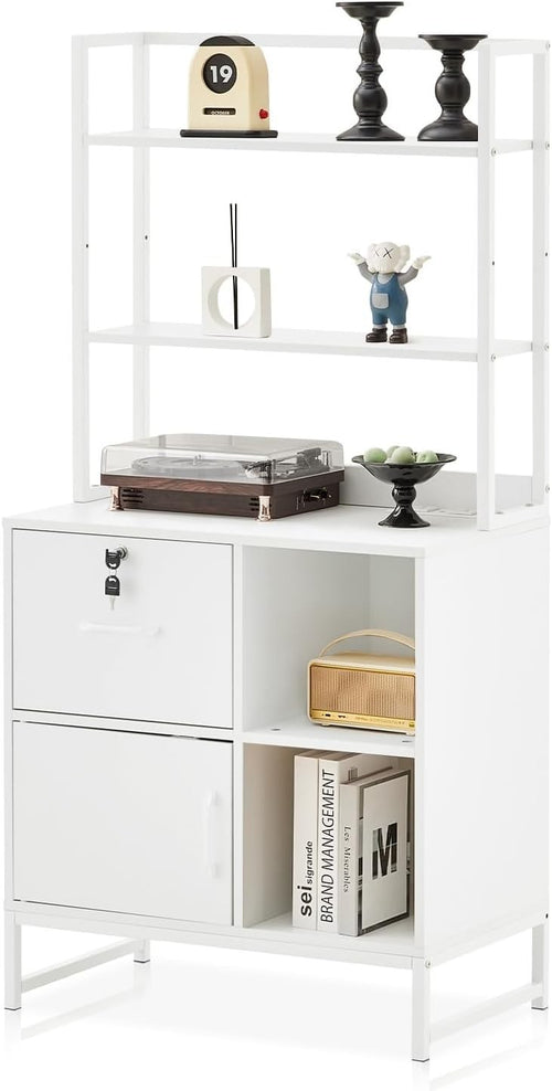 Lockable Filing Cabinet Stand with Charging Station 3 Tier Shelves White