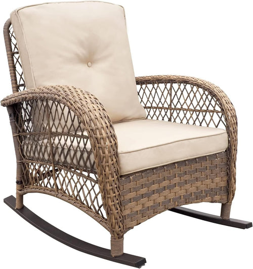 Outdoor Rattan Rocking Chair Beige Resin Wicker Patio Lounge Porch SeatOutdoor R