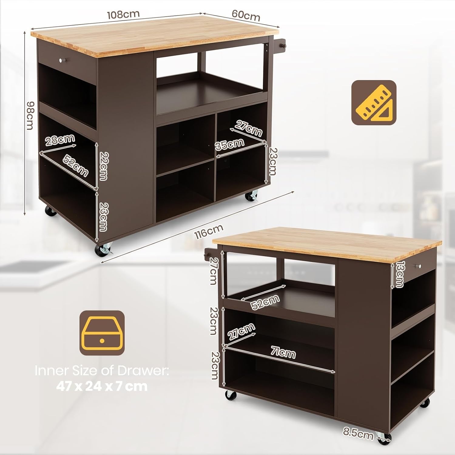 Large Kitchen Island on Wheels Storage Cart Drawer Shelves Wood Top