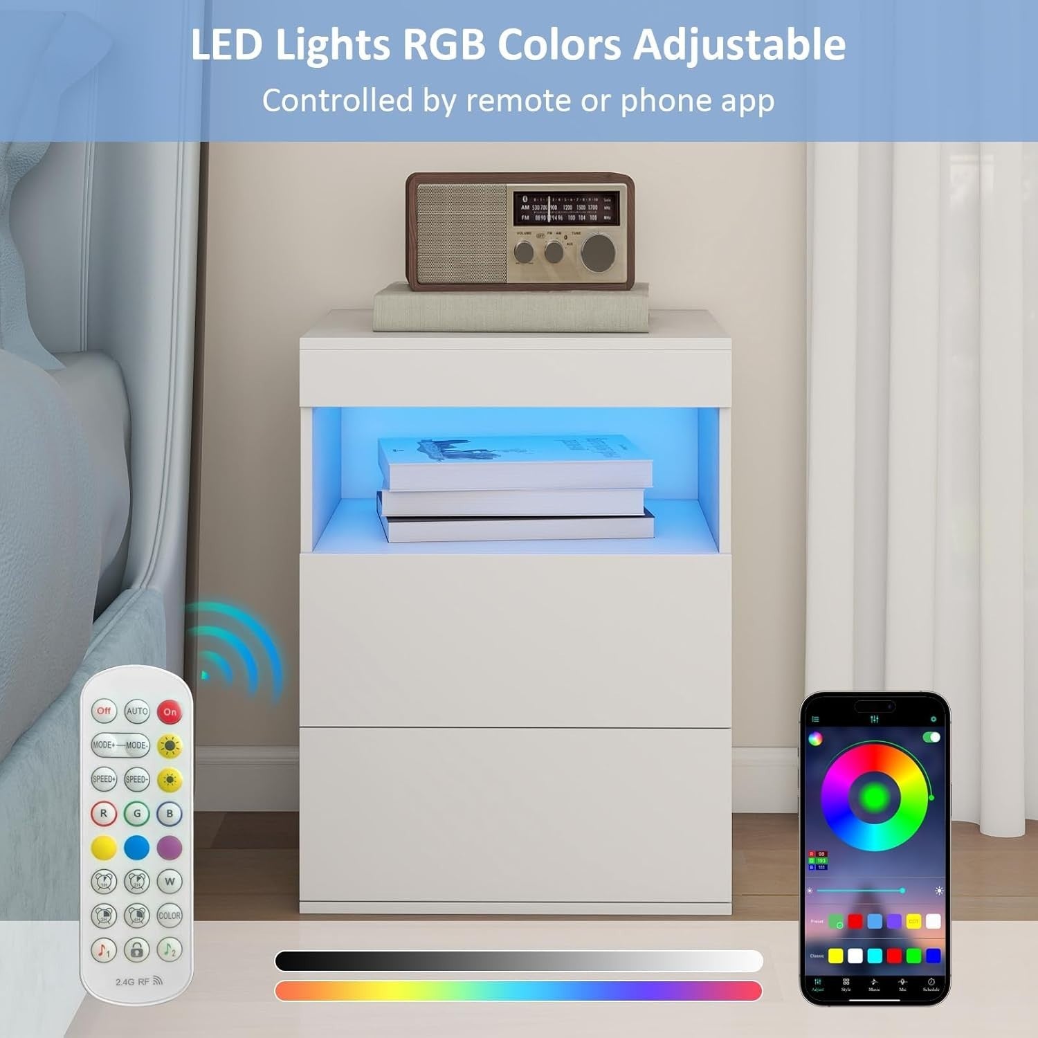 Modern White LED Bedside Table with Drawers & Charging Station Nightstand