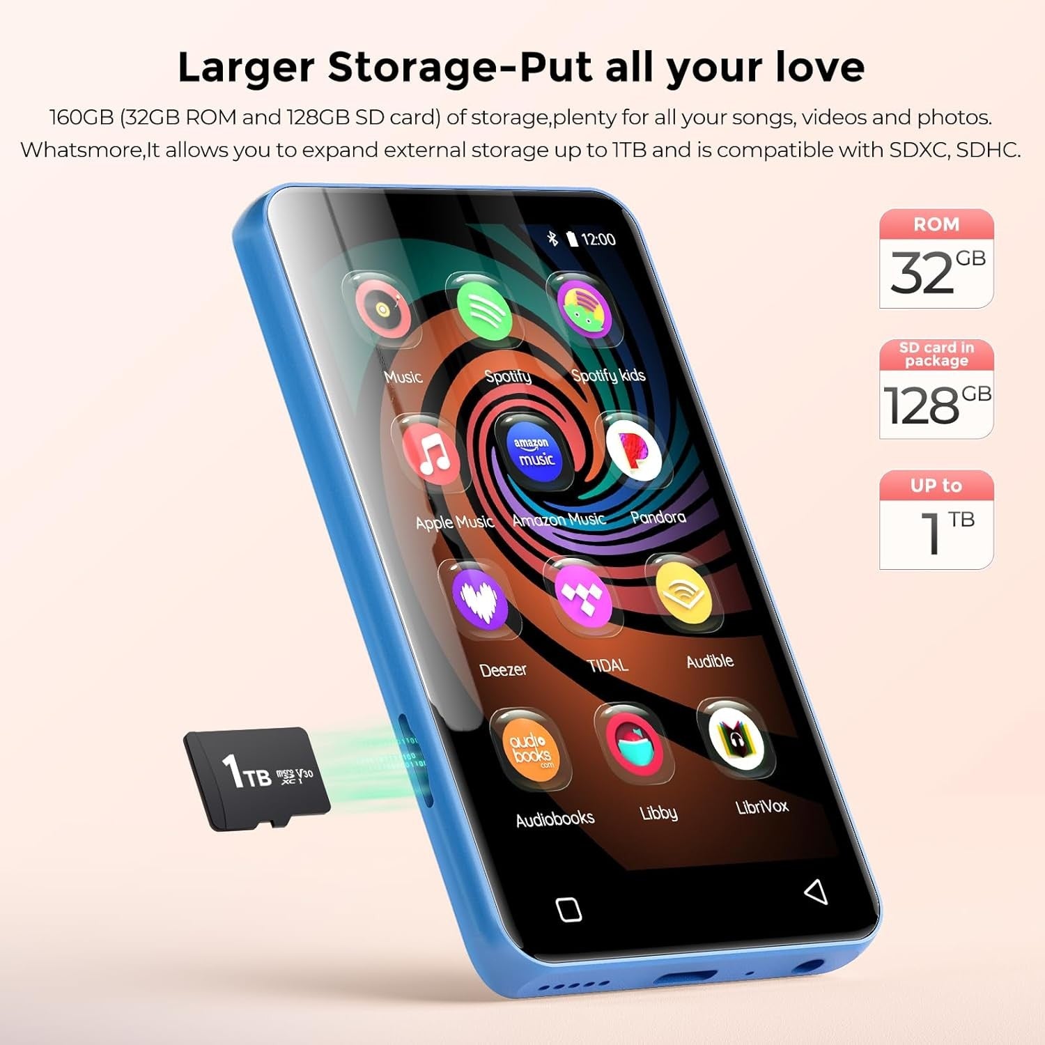 MP3 MP4 Player White Blue 4" Touch WiFi Bluetooth Spotify