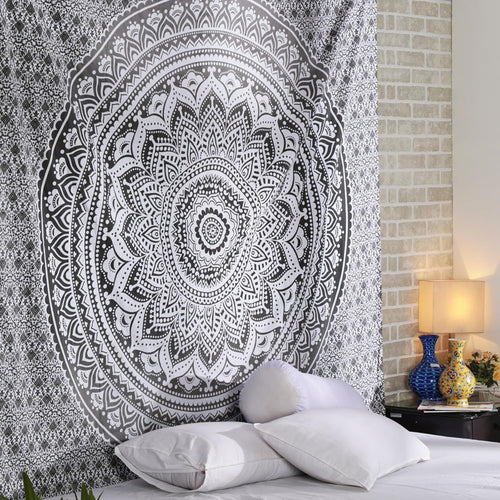 Grey Mandala Cotton Tapestry 213x230cm Boho Wall Hanging