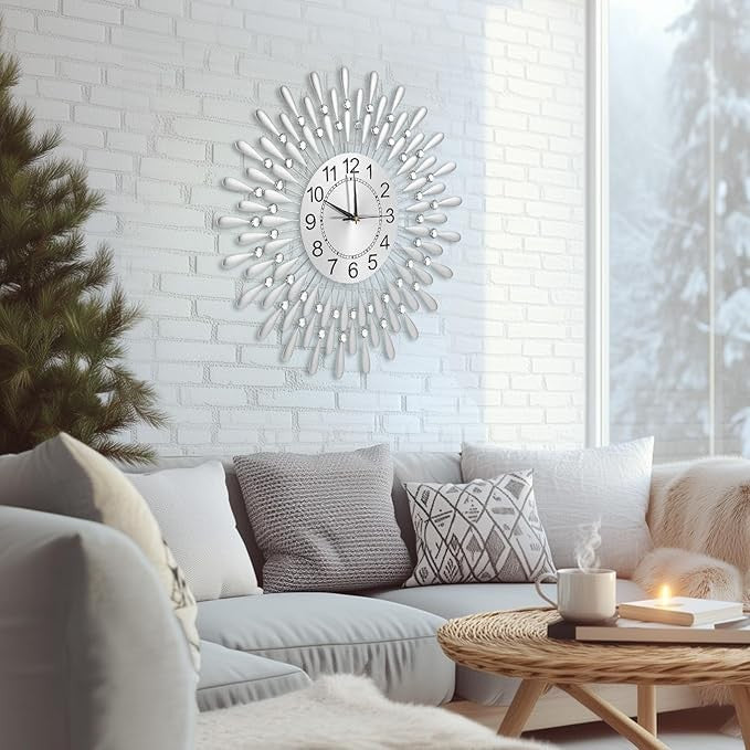 60cm Silver Sunflower Wall Clock Silent Modern Large Metal Diamond Beaded Decor