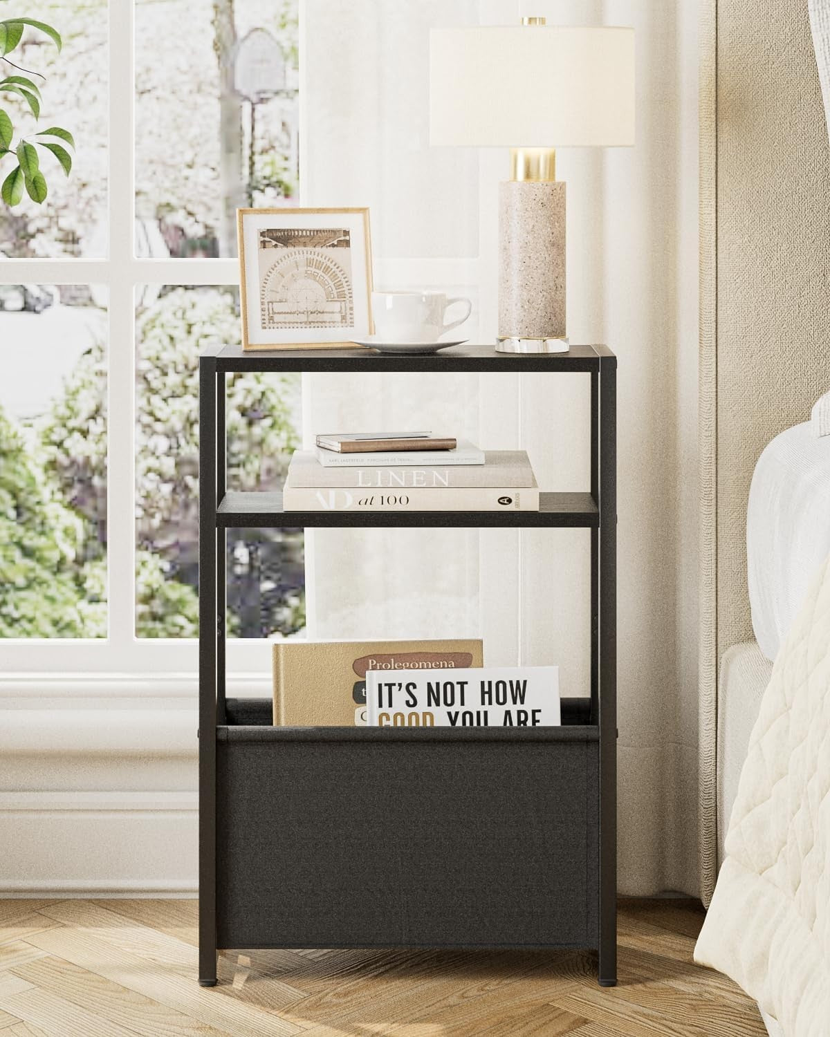 Slim Black Side Table with Storage, Space-Saving Design for Small Spaces