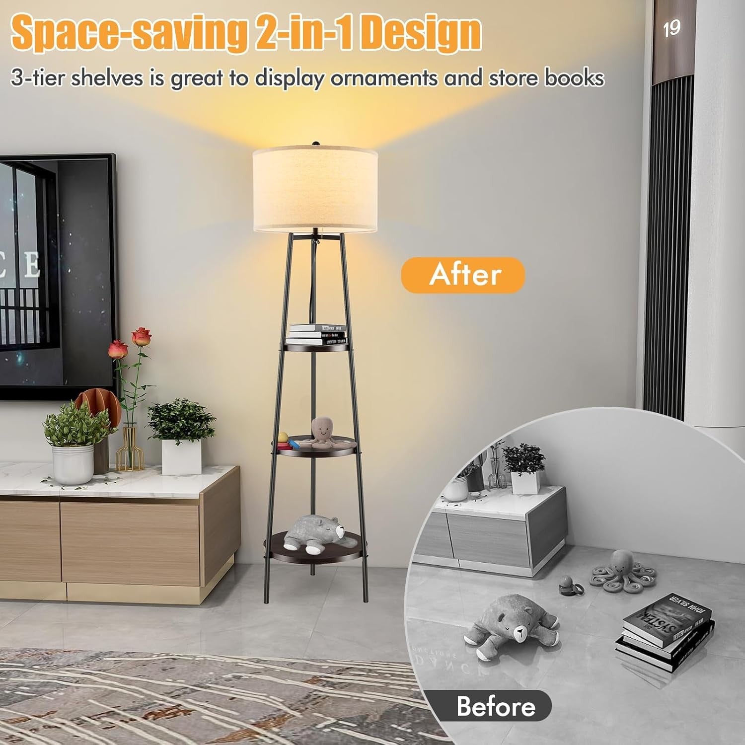 Tripod Floor Lamp with Shelves Wooden Storage Standing Light Linen Shade