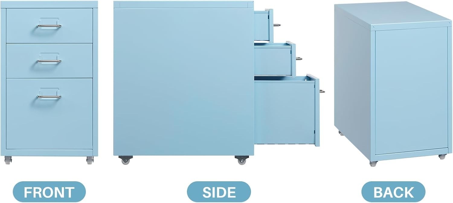 Light Blue Metal Rolling Drawer Unit 3 Tier Under Desk File Storage