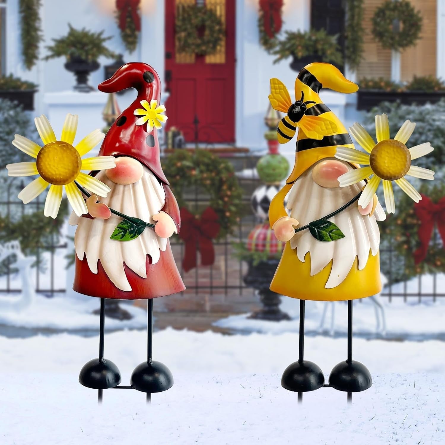 Metal Gnome Garden Ornaments Set of 2 Outdoor Sunflower Yard Decor 18"