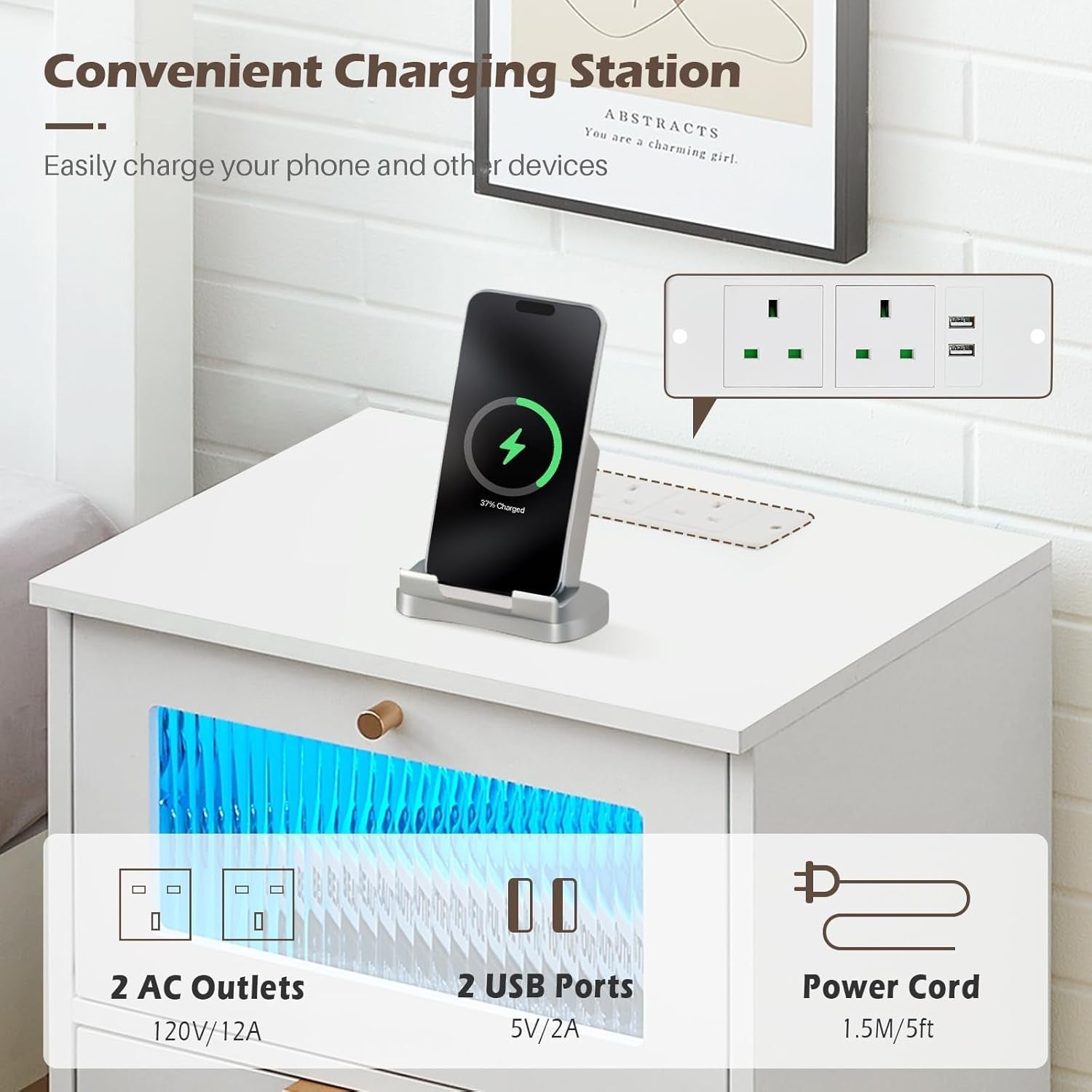 Set of 2 Smart LED Bedside Tables with USB Charging | Modern White 2 Drawer