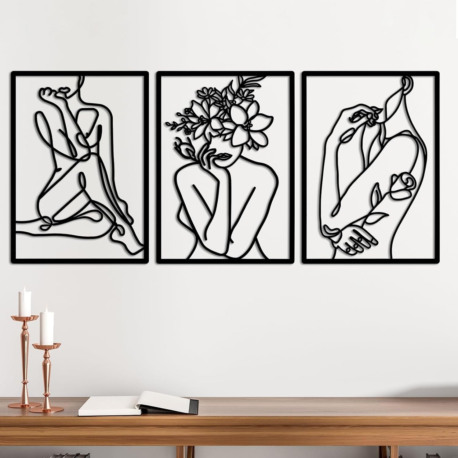 Black Metal Wall Art 3pc Abstract Female Line Panels