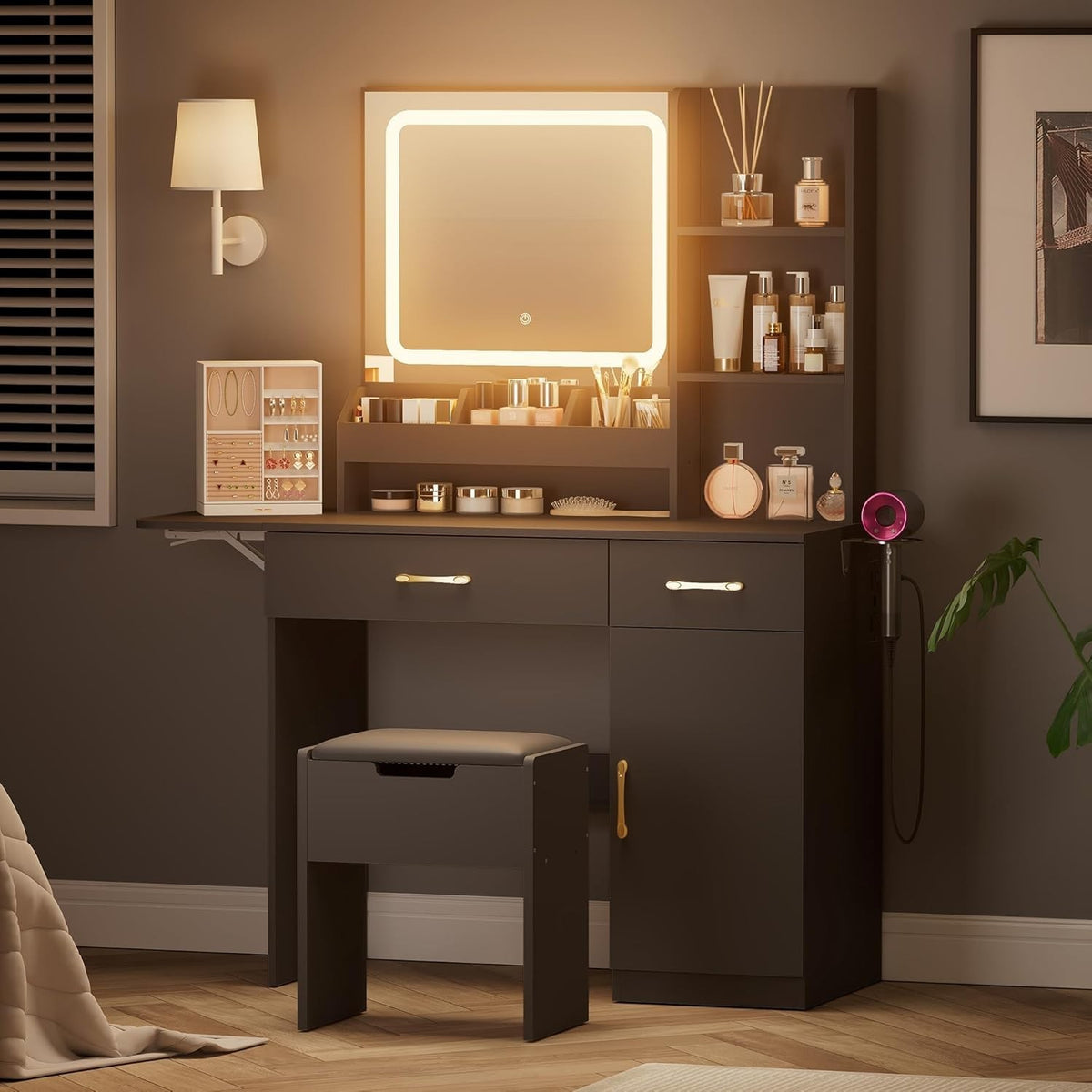 Wood Vanity Table Set w/ 3 Drawers, Lighted Mirror, USB Ports, Hairdryer Holder