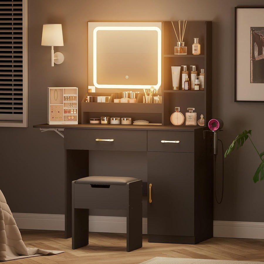 Wood Vanity Table Set w/ 3 Drawers, Lighted Mirror, USB Ports, Hairdryer Holder