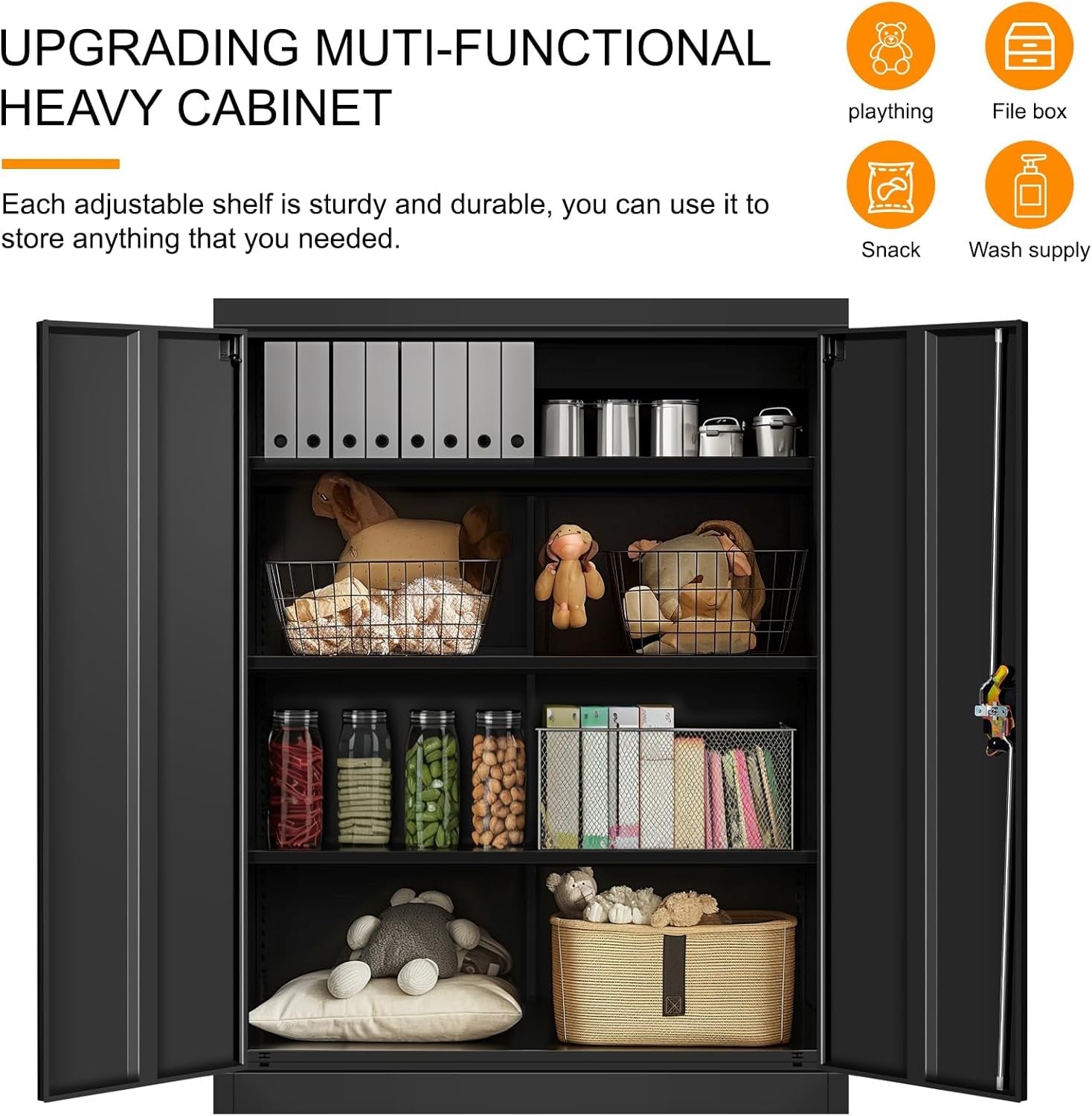 Lockable Metal Storage Cabinet Black 2 Door 3 Shelf Steel Cupboard 109cm Tall