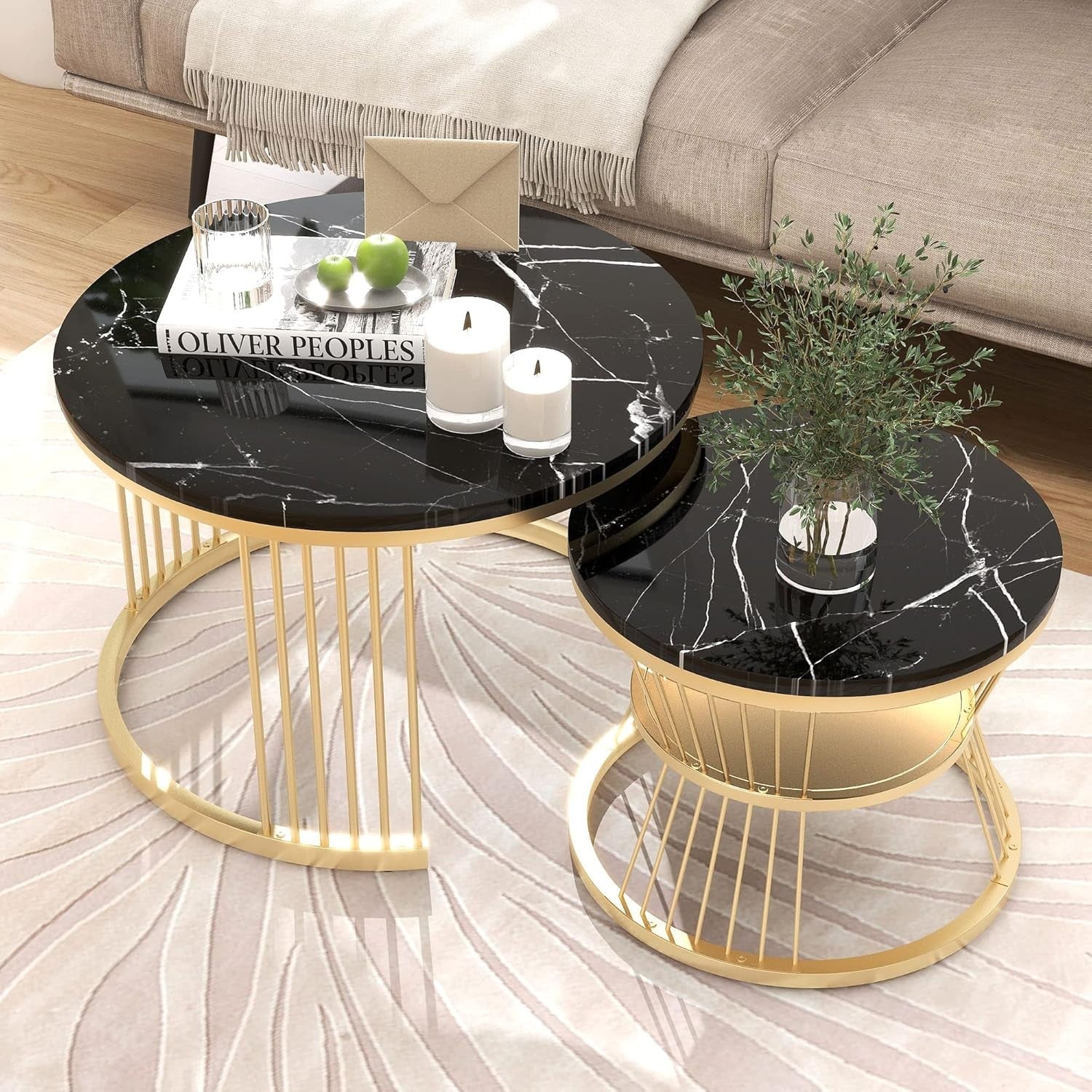 Round Coffee Table Set Nested Faux Marble Black Adjustable Height Living Room
