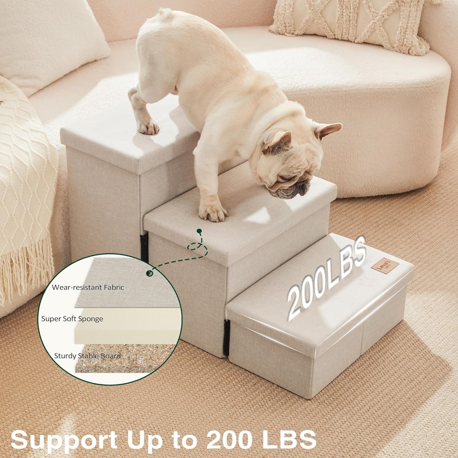 Dog Stairs 3 Step with Storage 18" High Foldable Pet Steps Beige