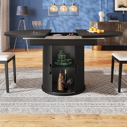 Extendable Round Dining Table Black Storage 118-158cm Oval