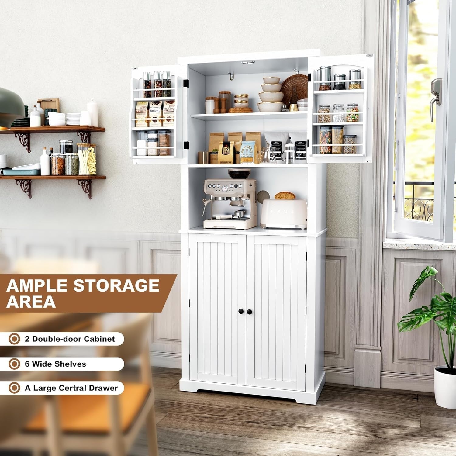 White Tall Kitchen Pantry Cabinet Storage Cupboard Doors Shelves