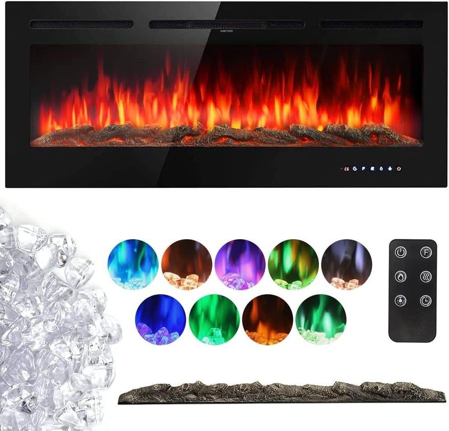 50" Wall Mounted Electric Fireplace Heater Crystal Flame Remote LED