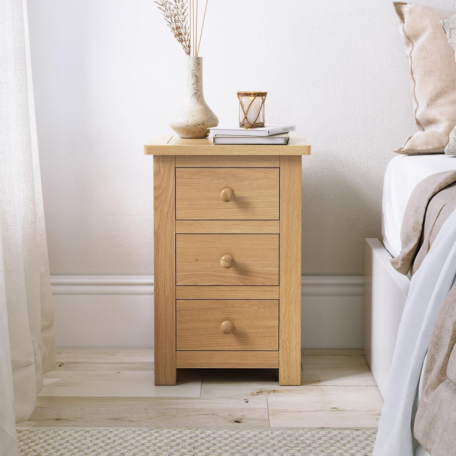 Solid Oak 3 Drawer Bedside Table Fully Assembled Wooden Nightstand
