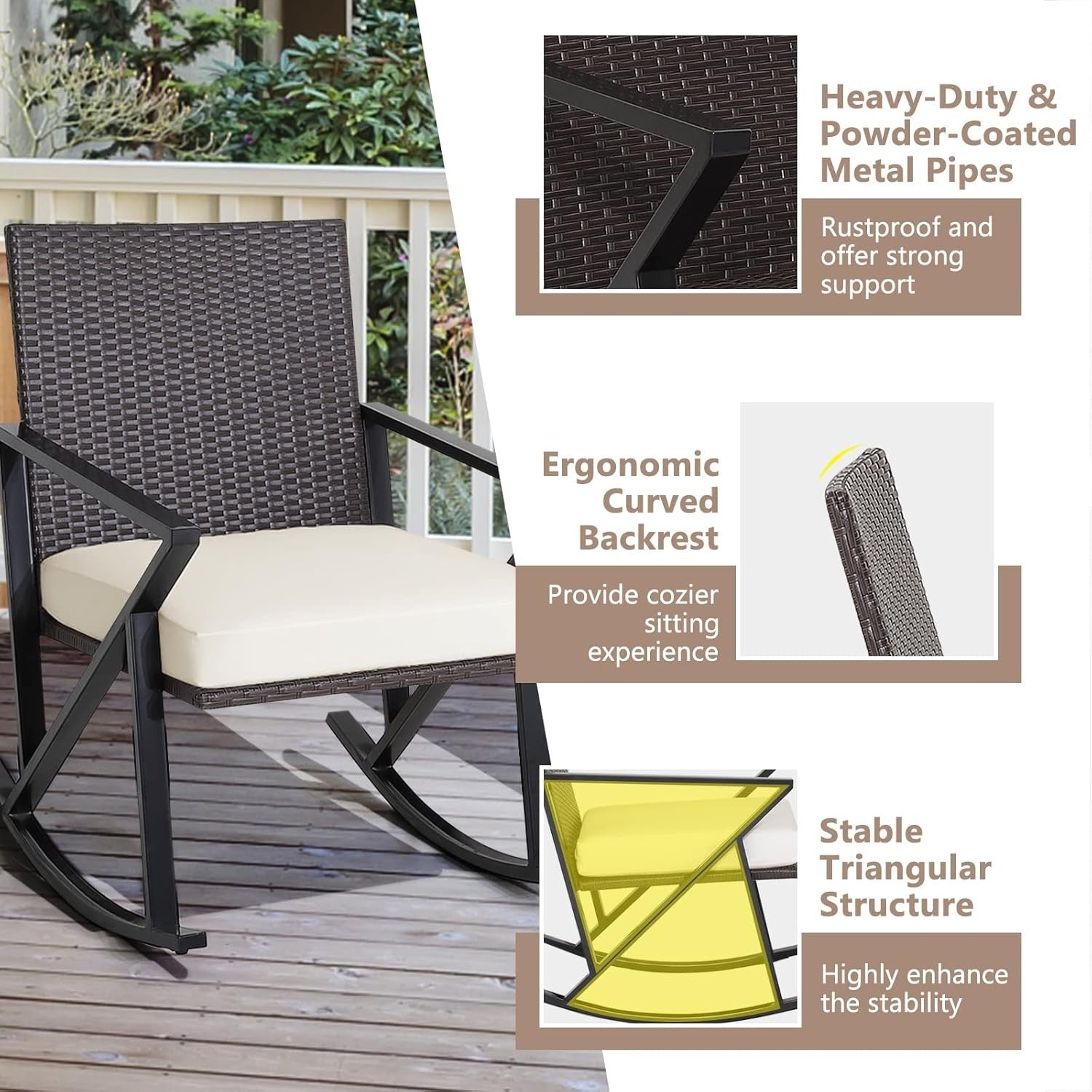 3-Piece Outdoor Patio Rattan Bistro Set Rocking Chairs with Cushions & Table