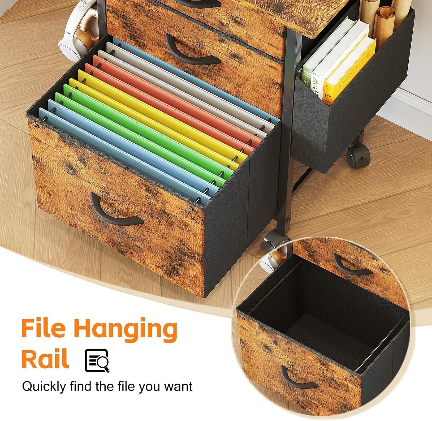 Rustic Mobile File Cabinet 3 Drawer Fabric Rolling Printer Stand